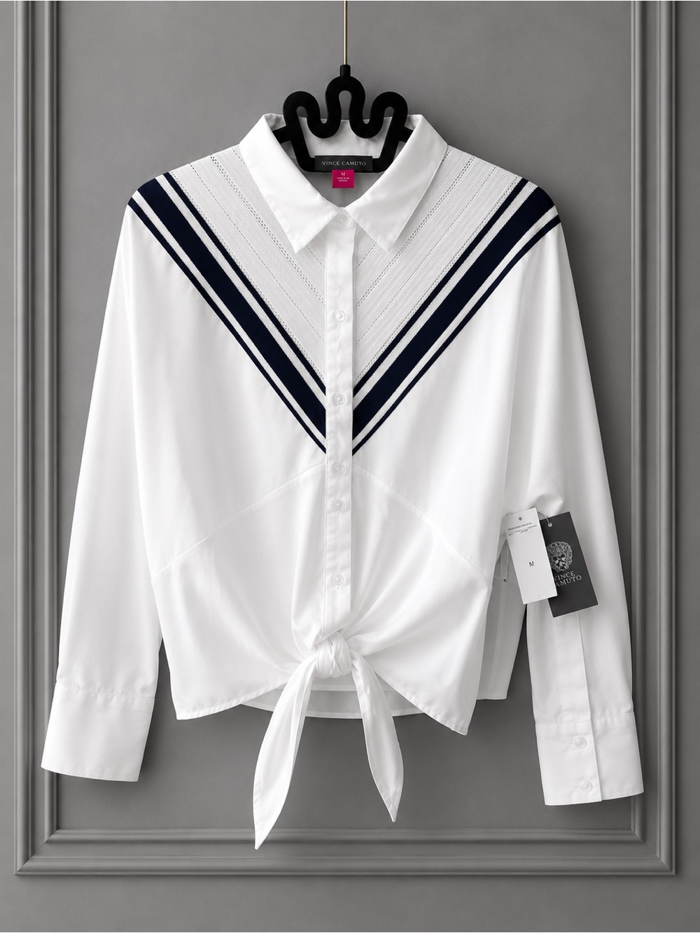 Vince Camuto White Button-Front Shirt with Navy Chevron Stripes